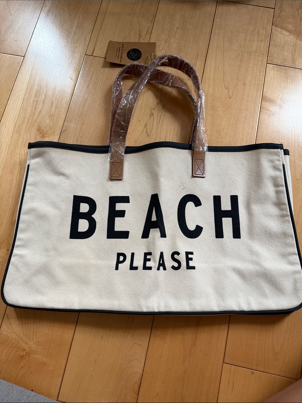 “Beach Please” Canvas Beach Tote Bag in Beige with Brown Handles